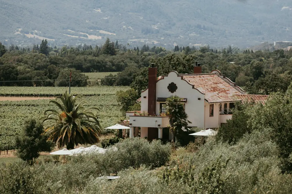 A cream stucco hacienda with a terracotta roof and brick chimney among olive trees and palms, with vineyard rows and hills behind.